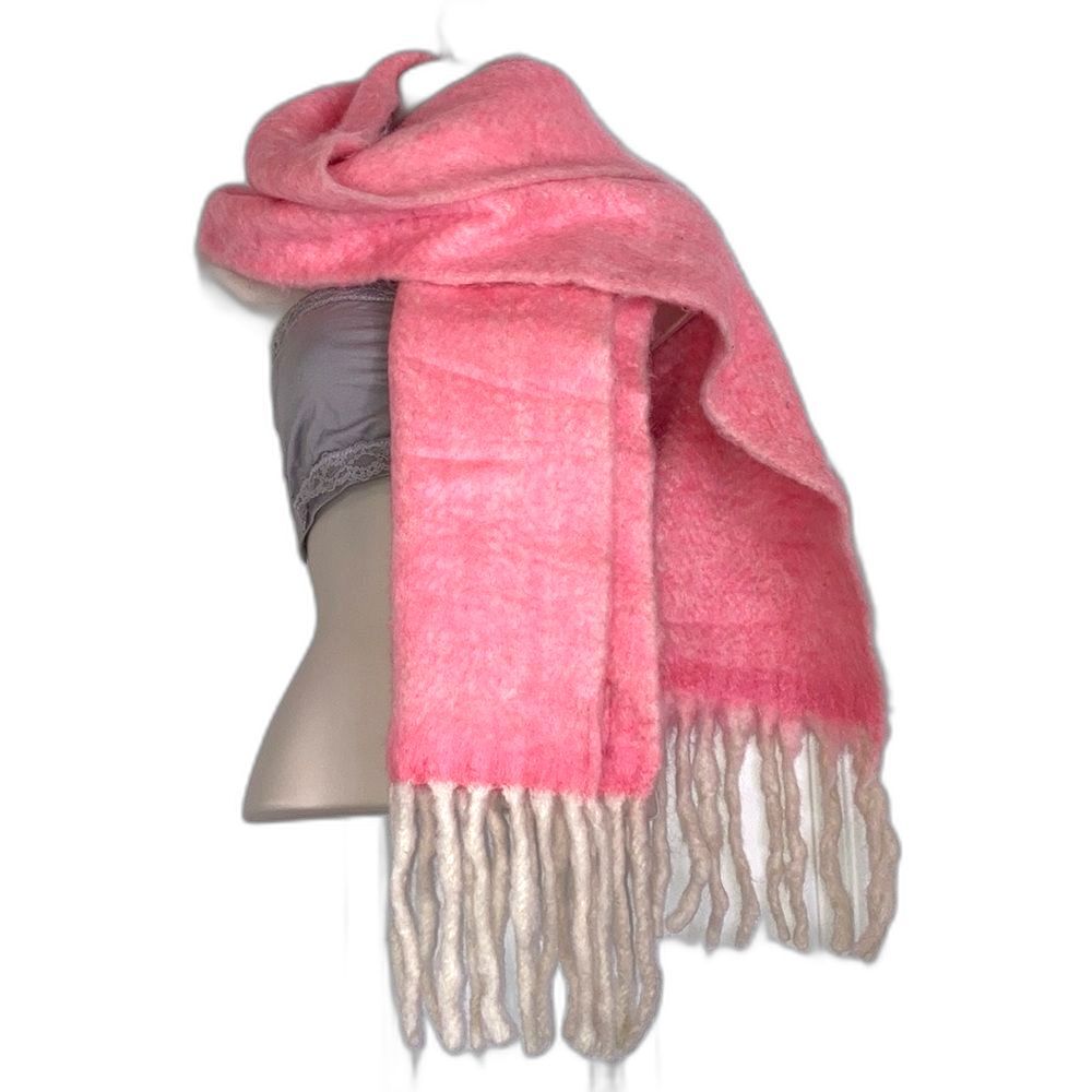 ANTHROPOLOGIE Erfurt Solstice Wool Scarf Pink Creamy White Fringe 13 x 78 inches